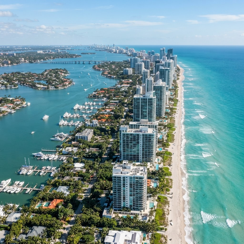 Aerial view of the North Miami Beach coastline along Biscayne Bay