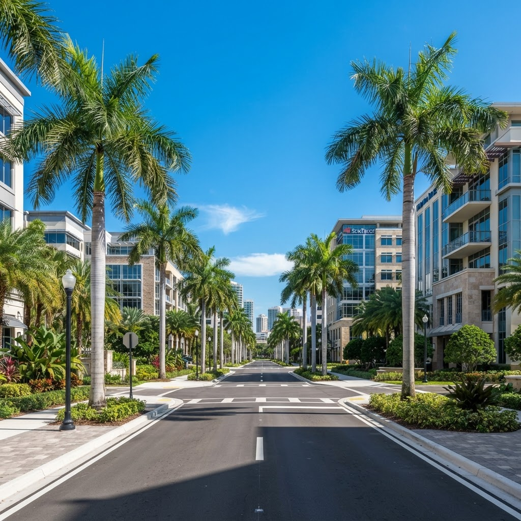 Sunny palm-lined business district in South Florida