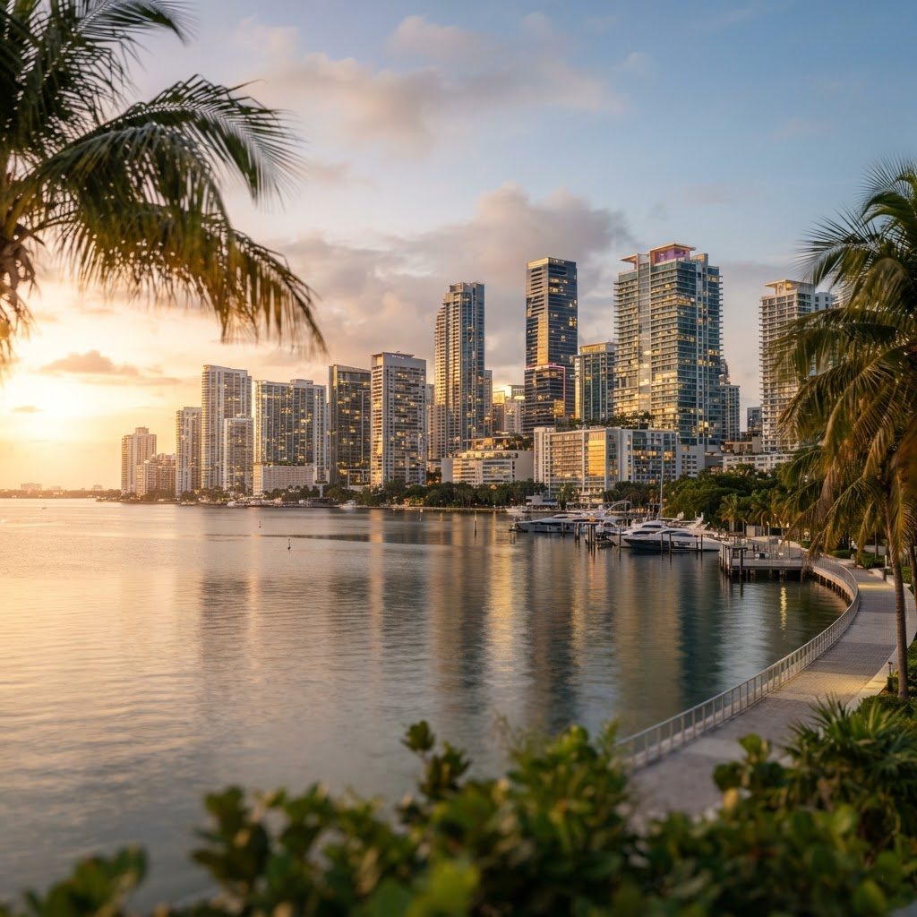Waterfront skyline along Biscayne Bay in North Miami Beach, Florida at golden hour